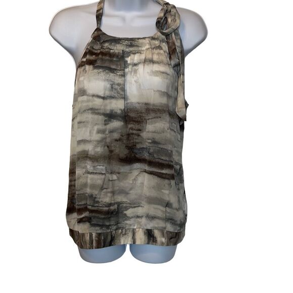 Apt 9 Large Gray Brown Watercolor Print Tie Neck Banded Hem Blouse Flowy Office - Picture 1 of 8